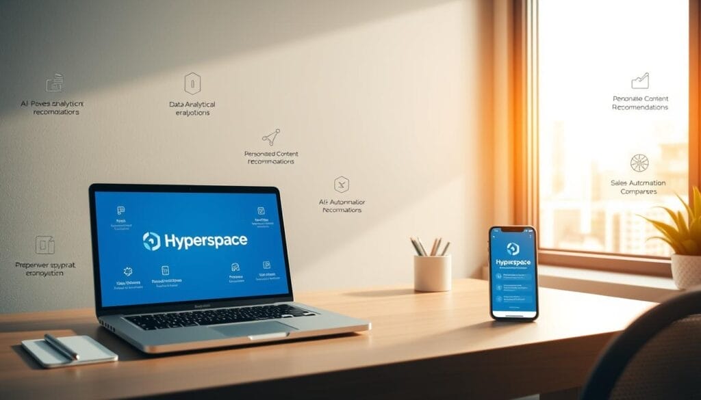 A sleek, minimalist desktop workspace with a laptop, tablet, and smartphone displaying the "Hyperspace" brand logo and AI-powered sales enablement features. Warm, natural lighting from a large window illuminates the scene, creating a professional yet inviting atmosphere. The layout showcases various AI-driven components like data analytics, personalized content recommendations, and sales automation tools, all seamlessly integrated into a cohesive sales enablement ecosystem. The overall impression conveys the power and efficiency of AI-driven sales support.
