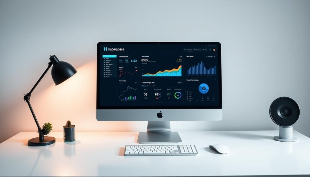 A sleek, minimalist desktop workspace with a large, high-resolution display showcasing real-time sales data analysis tools. The screen prominently features the "Hyperspace" brand logo, with clean, intuitive dashboards and visualizations presenting key sales metrics, trends, and insights. Soft, directional lighting creates a focused, professional atmosphere, while the workspace is uncluttered, hinting at the power and efficiency of the AI-driven sales coaching system.