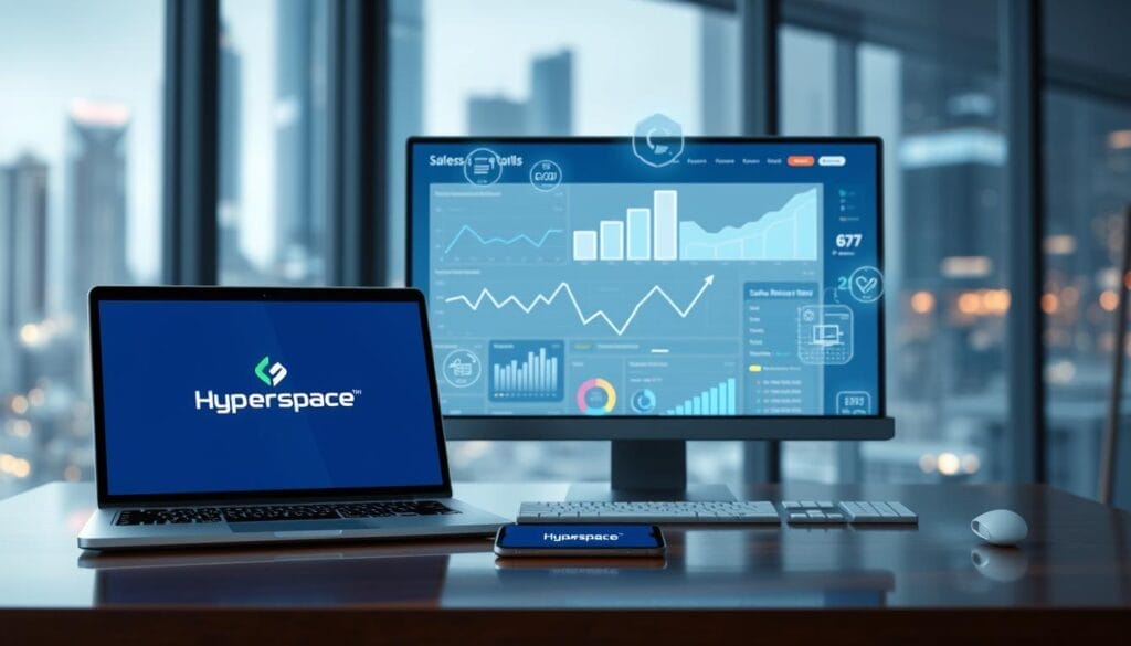 A sleek, minimalist desktop workspace with a large, high-resolution display showcasing a data-driven sales enablement dashboard. In the foreground, a laptop and smartphone prominently display the "Hyperspace" brand logo, their screens illuminating the scene with a soft, ambient glow. The middle ground features a collection of holographic sales metrics and forecasting tools, their visualizations reflecting off the glossy, polished surfaces. The background is a blurred, futuristic cityscape, hinting at the global scale and interconnectivity of this AI-powered sales enablement platform.