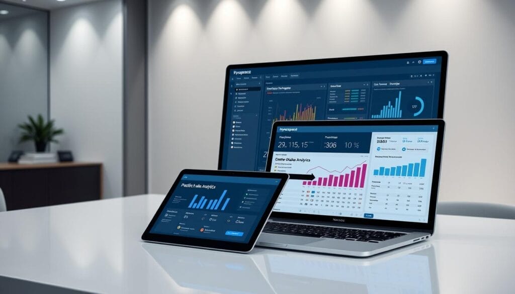 A sleek, minimalist desktop workspace with a large, high-resolution display showcasing a data visualization dashboard. In the foreground, a Hyperspace-branded laptop screen displays predictive sales analytics, conveying insights and forecasts through interactive charts and graphs. In the middle ground, a tablet device rests on the desk, also running a Hyperspace sales training application with a clean, intuitive interface. The background features a sophisticated, neutral-toned office setting, with subtle lighting and reflective surfaces creating a sense of sophistication and technological prowess. The overall mood is one of efficiency, productivity, and the transformative power of AI-driven sales enablement.