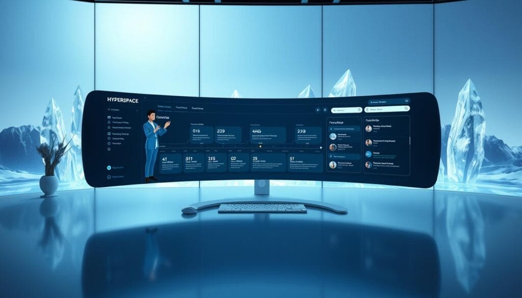 A sleek, minimalist digital workspace with a large, curved display showcasing a Hyperspace AI coaching platform interface. The foreground features a stylized 3D avatar coach in motion, gesturing dynamically. The middle ground has a simplified timeline visualization, progress bars, and interactive widgets. The background evokes a futuristic, crystalline landscape with subtle lighting effects, conveying a sense of evolution and advancement. The overall mood is one of elegant, forward-thinking technology empowering personal growth and transformation.