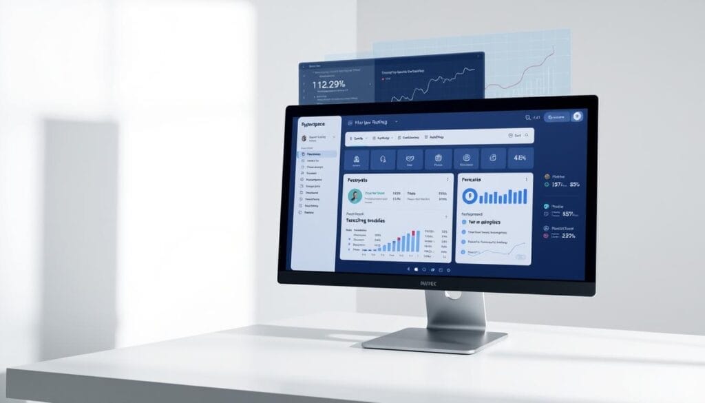 A sleek, minimalist future sales training interface displayed on a high-resolution desktop monitor. The Hyperspace AI-powered platform features an intuitive dashboard with real-time analytics, interactive coaching modules, and personalized recommendations for sales reps. Soft, indirect lighting creates a calm, focused atmosphere, while the clean lines and muted color palette evoke a sense of technological sophistication. In the background, a holographic projection showcases sales forecasting and performance trends, underscoring the platform's data-driven capabilities. The overall impression is one of a seamless, empowering sales coaching experience that harnesses the power of advanced AI.
