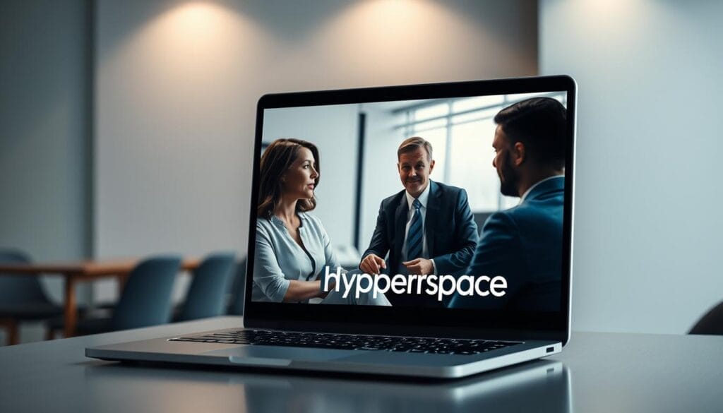A sleek, minimalist office scene with a laptop screen displaying an AI-powered sales training simulation. In the foreground, two sales representatives engage in a dynamic role-play scenario, their expressions focused and engaged. The laptop's screen showcases the Hyperspace brand logo, hinting at the cutting-edge technology powering the training. Soft, directional lighting illuminates the scene, creating a professional and immersive atmosphere. The background features a subtle, blurred office environment, emphasizing the centrality of the AI-driven training experience.