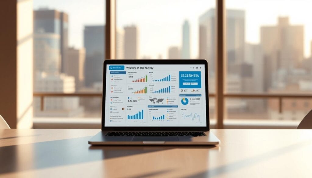 A sleek, minimalist office setting with a laptop prominently displayed, showcasing the Hyperspace AI sales training platform. The laptop screen depicts a dynamic sales presentation, complete with interactive charts, graphs, and customer data. The lighting is soft and natural, creating a warm and inviting atmosphere. In the background, a blurred cityscape can be seen through large windows, adding depth and a sense of modern, urban sophistication. The overall mood is one of efficiency, professionalism, and technological innovation, perfectly capturing the essence of the "best AI tool for sales training."