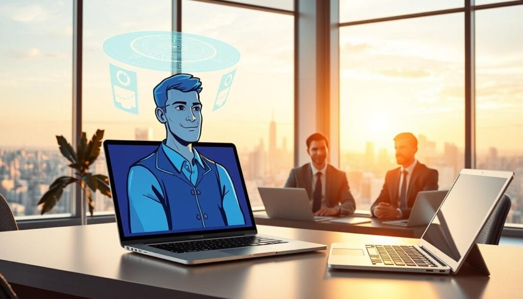 A sleek, minimalist office workspace with a laptop and tablet displaying the "Hyperspace" AI sales training platform. The foreground features a stylized 3D model of a sales coach avatar, with a holographic data visualization hovering above. The middle ground showcases a team of sales representatives participating in an interactive training session, their expressions focused and engaged. The background depicts a panoramic city skyline visible through large windows, bathed in warm, natural lighting. The overall mood is one of modern, efficient productivity and technological innovation.