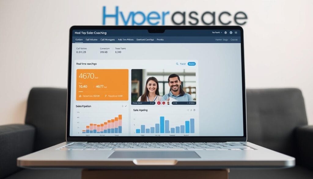 A sleek, minimalist sales coaching interface displayed on a laptop screen. In the foreground, a real-time dashboard showcases key metrics such as call volume, conversion rates, and sales pipeline data, all neatly organized and color-coded. The middle ground features a video call window, where a sales manager and their team member engage in a dynamic coaching session, their faces displayed in high definition. In the background, the Hyperspace branding is subtly integrated, adding a touch of professionalism and sophistication. The lighting is soft and even, creating a comfortable, focused atmosphere. The camera angle suggests a bird's-eye view, giving the impression of an intuitive, user-friendly interface.