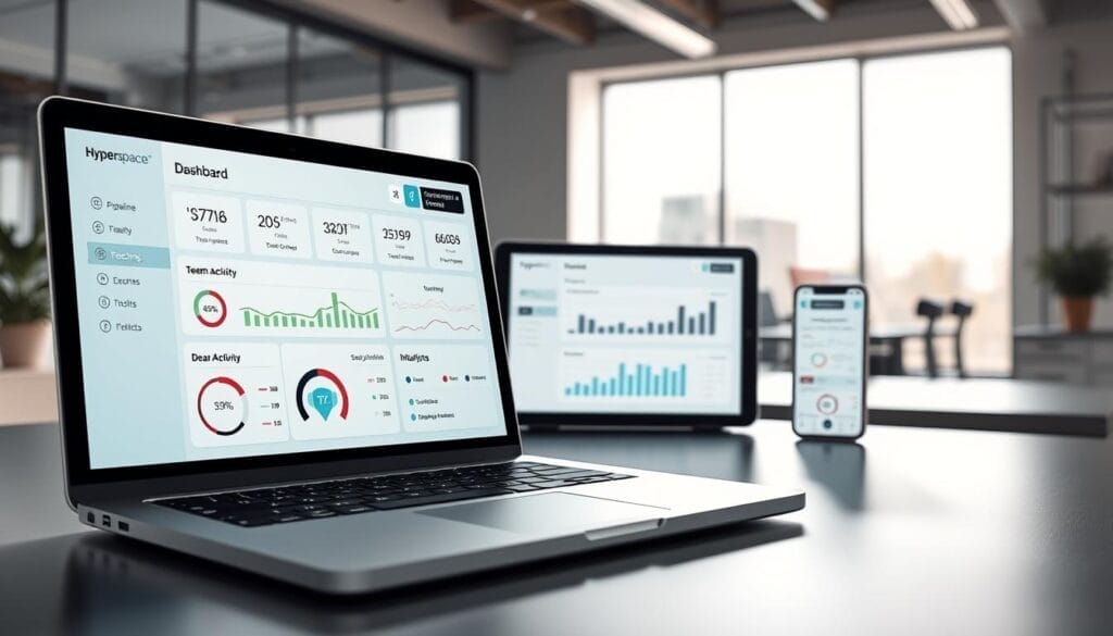 A sleek, minimalist sales coaching tools dashboard showcasing the Hyperspace brand. The foreground features a laptop display with a clean, intuitive interface highlighting key metrics like pipeline, team activity, and coaching progress. The middle ground showcases a mobile device mirroring the dashboard, emphasizing cross-device accessibility. The background depicts a modern, well-lit office environment with subtle brand accents, creating a professional and focused atmosphere. The lighting is soft and directional, casting subtle shadows that add depth and dimension to the scene. The overall composition conveys a sense of productivity, efficiency, and the powerful capabilities of the Hyperspace sales coaching software.