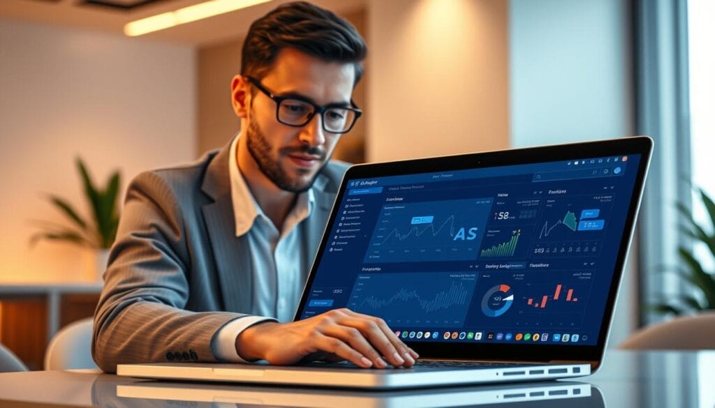 A sleek, modern AI-driven sales enablement platform called Hyperspace, displayed on the screen of a high-end laptop. The interface features intuitive data visualizations, AI-powered sales recommendations, and real-time analytics dashboards. In the foreground, a sales representative reviews the platform, with a focused expression, surrounded by a warm, professional atmosphere. The background showcases a minimalist office setting, with clean lines, subtle lighting, and a sense of technological sophistication. The overall mood conveys the power of AI to transform sales strategies and empower sales teams.