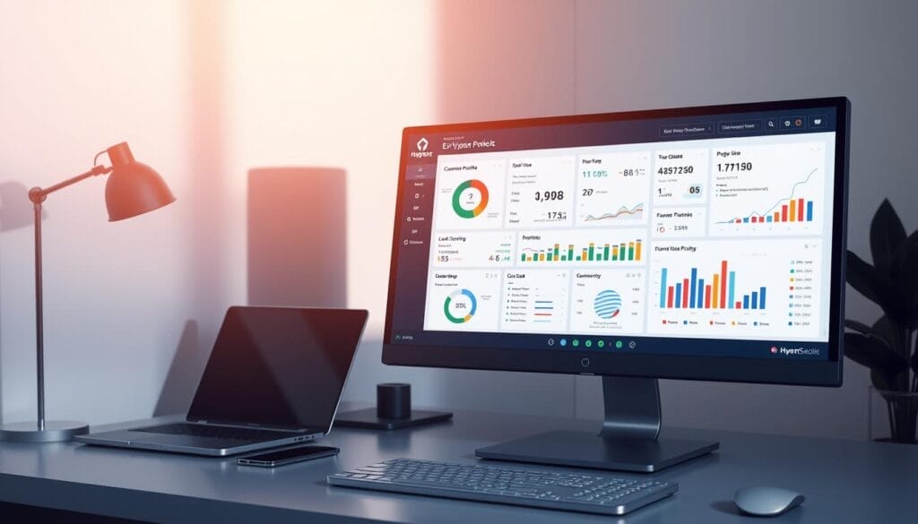 A sleek, modern AI-powered lead scoring dashboard on a flat-screen desktop monitor. In the foreground, a bold "Hyperspace" logo hovers above a visually striking interface with colorful charts, graphs, and data visualizations. The middle ground features detailed customer profiles, lead scoring metrics, and conversion probability estimates. In the background, a clean, minimalist workspace with a laptop and smartphone create a professional, technology-driven atmosphere. Soft, directional lighting from the side casts subtle shadows, adding depth and dimension to the scene. The overall impression is one of sophisticated, data-driven sales analytics that can boost performance and drive business growth.