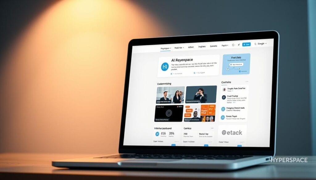 A sleek, modern AI sales training platform interface displayed on a laptop screen, with the Hyperspace brand prominently featured. The screen shows a clean, minimalist design with intuitive navigation, customizable dashboards, and engaging video tutorials. The background has a subtle gradient, creating a sense of depth and professionalism. Soft lighting from above casts a warm glow, conveying a sophisticated and productive atmosphere. The overall impression is of a powerful, user-friendly tool that can revolutionize sales training and empower teams to excel.