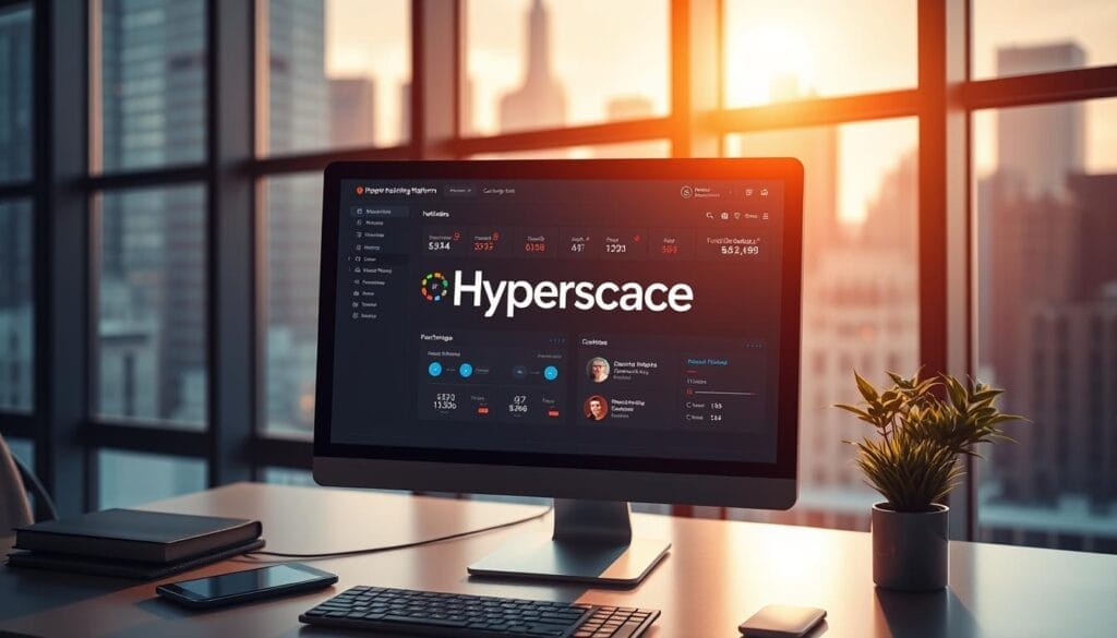 A sleek, modern AI sales training platform with the Hyperspace brand prominently displayed on a desktop computer screen. The platform's interface showcases intuitive dashboards, personalized training modules, and interactive sales simulations. The scene is bathed in warm, directional lighting, creating a professional and productive atmosphere. In the background, a blurred city skyline is visible through large windows, hinting at the platform's broader business applications. The overall composition conveys a sense of advanced technology, user-friendly design, and a commitment to empowering sales teams.