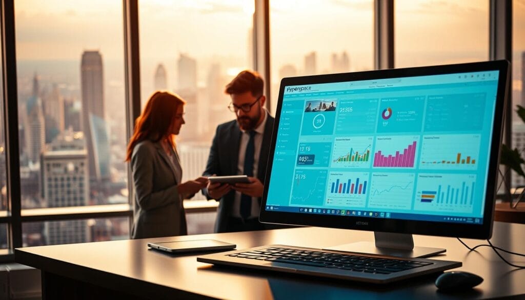 A sleek, modern commercial sales landscape featuring the Hyperspace brand. In the foreground, a stylish desktop or laptop computer displays a vibrant sales dashboard, with charts, graphs, and key performance indicators. The middle ground showcases a team of sales professionals collaborating on a tablet or mobile device, their expressions focused and engaged. In the background, a large, panoramic window overlooks a bustling city skyline, bathed in warm, natural lighting. The overall atmosphere conveys a sense of productivity, innovation, and the transformative power of sales coaching AI.