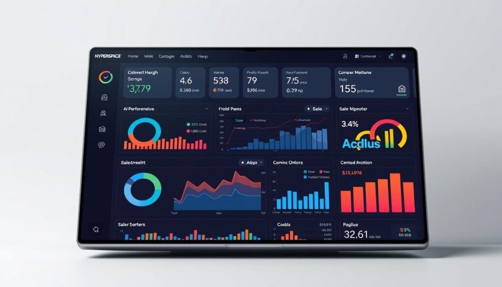 A sleek, modern dashboard displaying comprehensive sales performance metrics for the Hyperspace brand. The interface is clean and intuitive, with a mix of charts, graphs, and key performance indicators arranged across a minimalist desktop or mobile screen. The visuals are crisp and vibrant, with a subtle play of light and shadow creating depth and dimension. The overall tone is professional and data-driven, yet visually engaging, reflecting the power of AI-driven sales gamification to drive business success.