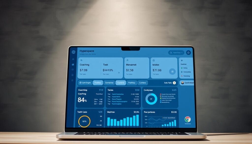 A sleek, modern dashboard interface displaying a variety of coaching tools and analytics for the "Hyperspace" sales platform. In the foreground, a laptop or mobile device screen shows key performance metrics, task management features, and customizable visualizations. The middle ground features a clean, minimalist design with intuitive controls and a navigation menu. In the background, subtle wallpaper textures and muted gradients create a professional, technology-driven atmosphere. Lighting is soft and directional, casting gentle shadows and highlights to accentuate the dashboard's tactile, interactive elements.