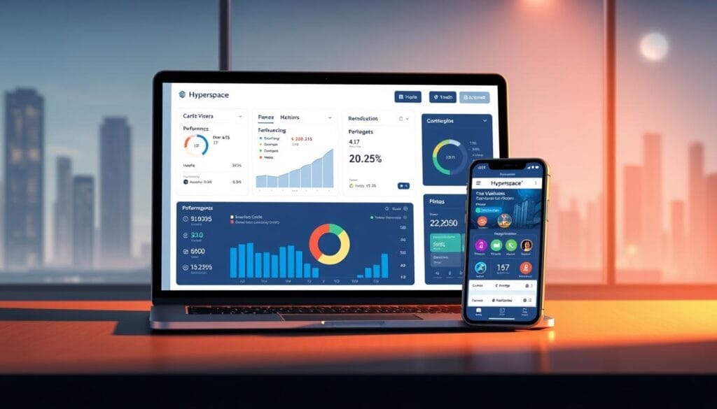 A sleek, modern dashboard interface showcasing the Hyperspace engagement platform. In the foreground, a laptop or desktop computer display presents a clean, minimalist design with intuitive data visualizations, performance metrics, and interactive elements. The middle ground features a tablet or mobile device with the Hyperspace app, highlighting its user-friendly interface and gamification features. In the background, a subtle, futuristic cityscape or office environment sets the scene, creating a professional, technology-driven atmosphere. Warm, directional lighting illuminates the devices, casting subtle shadows and lending a sense of depth and sophistication to the overall composition.