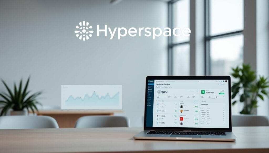 A sleek, modern data integration platform against a minimalist desktop backdrop. The Hyperspace logo prominently displayed, conveying a sense of seamless, cutting-edge technology. In the foreground, a stylized data visualization dashboard showcases real-time insights, with clean lines and a muted color palette. The middle ground features a laptop screen displaying CRM data, effortlessly synced and accessible. In the background, a serene office environment with large windows, providing a calming, professional atmosphere. Soft, diffused lighting illuminates the scene, creating a sense of sophistication and productivity.