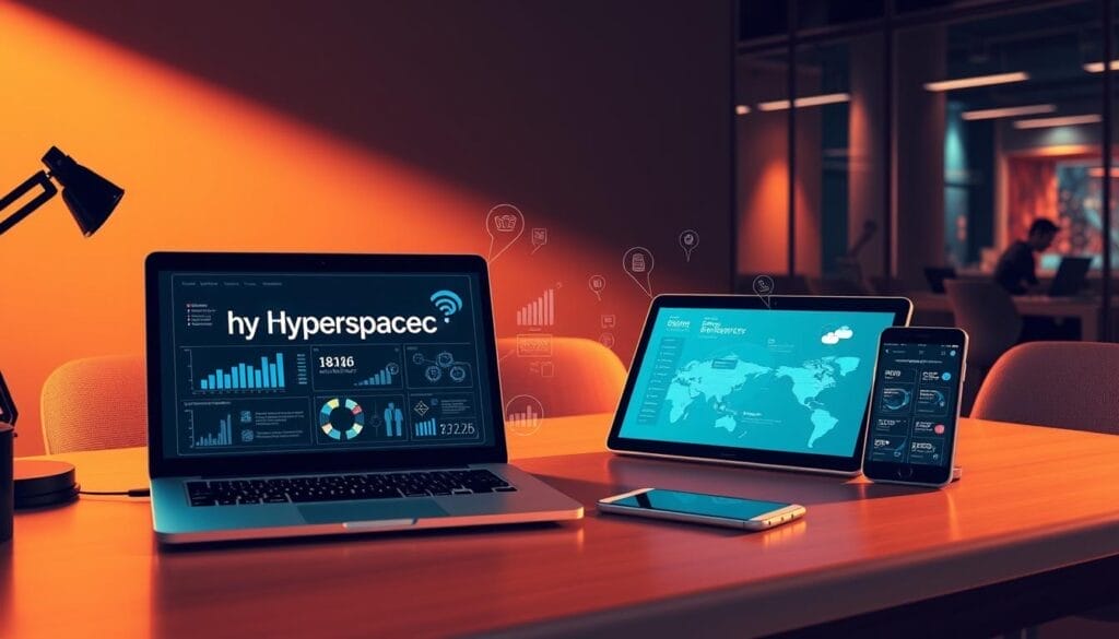 A sleek, modern desk setup with a laptop, tablet, and smartphone prominently displaying the Hyperspace brand logo. The workspace is bathed in warm, directional lighting that casts dramatic shadows, creating a professional and technologically-advanced atmosphere. In the foreground, a holographic display showcases real-time sales analytics, graphs, and customer insights. The middle ground features collaborative digital tools and intuitive interfaces, while the background subtly hints at a bustling, futuristic office environment. The overall impression is one of cutting-edge, AI-powered sales technology seamlessly integrated into the user's workflow.