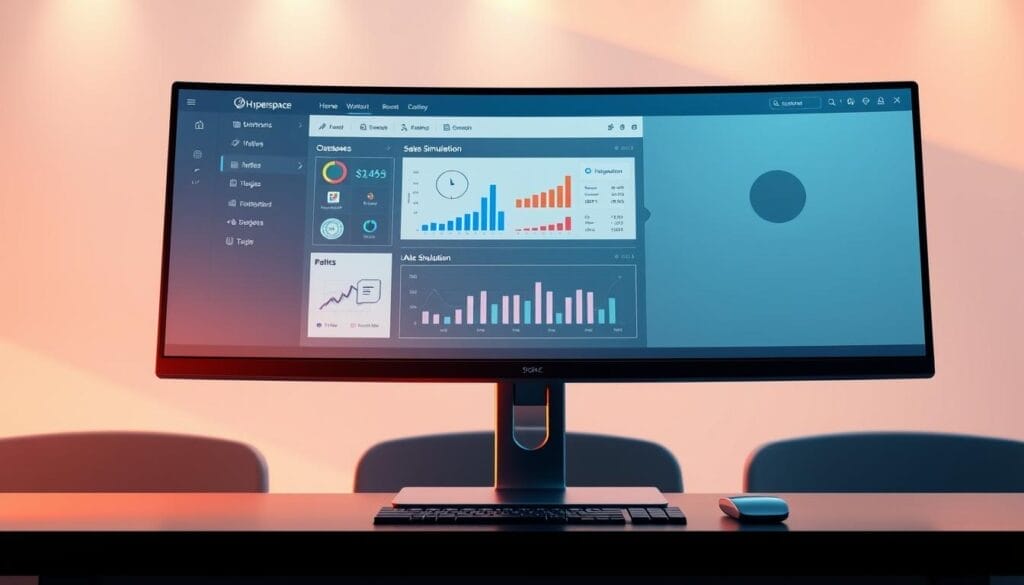 A sleek, modern desktop computer display showcasing the Hyperspace AI Sales Training Software interface. The application has a clean, intuitive design with a sidebar navigation, data visualization charts, and an interactive sales simulation. The screen is bathed in warm, directional lighting, casting subtle shadows and highlights that accentuate the three-dimensional elements. The background is a minimalist, gradient-based office setting, providing a professional and focused atmosphere. The overall impression is one of a powerful, yet user-friendly AI-driven sales training tool.