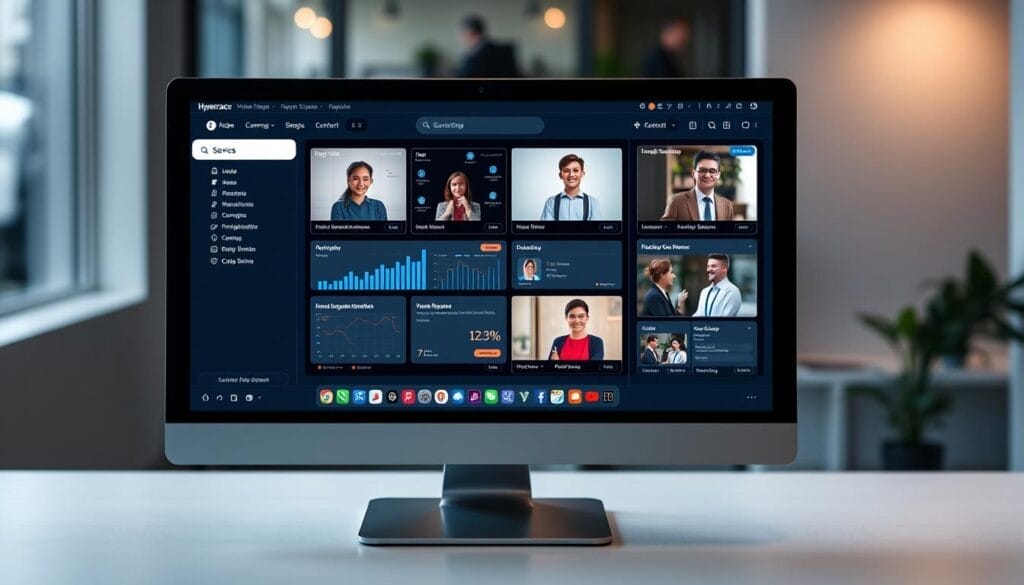 A sleek, modern desktop computer monitor displays a series of AI-powered sales simulations. The screen is crisp and vibrant, showcasing a Hyperspace-branded interface with sophisticated data visualizations and lifelike avatars engaged in realistic sales dialogues. Subtle ambient lighting from the sides and a subtle depth-of-field effect create a professional, immersive atmosphere. The scene evokes a sense of cutting-edge technology empowering sales teams to hone their skills through AI-driven roleplay and training.