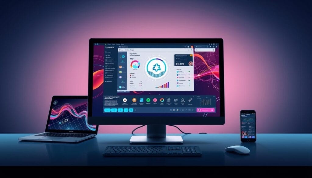A sleek, modern desktop computer screen displaying a dynamic AI-powered sales training interface. The interface showcases a Hyperspace logo, vibrant data visualizations, and intuitive controls. In the background, a laptop and mobile device seamlessly integrate with the system, reflecting the cross-platform capabilities. The scene exudes a sense of technological sophistication and efficiency, hinting at the power of machine learning to enhance sales coaching and performance.