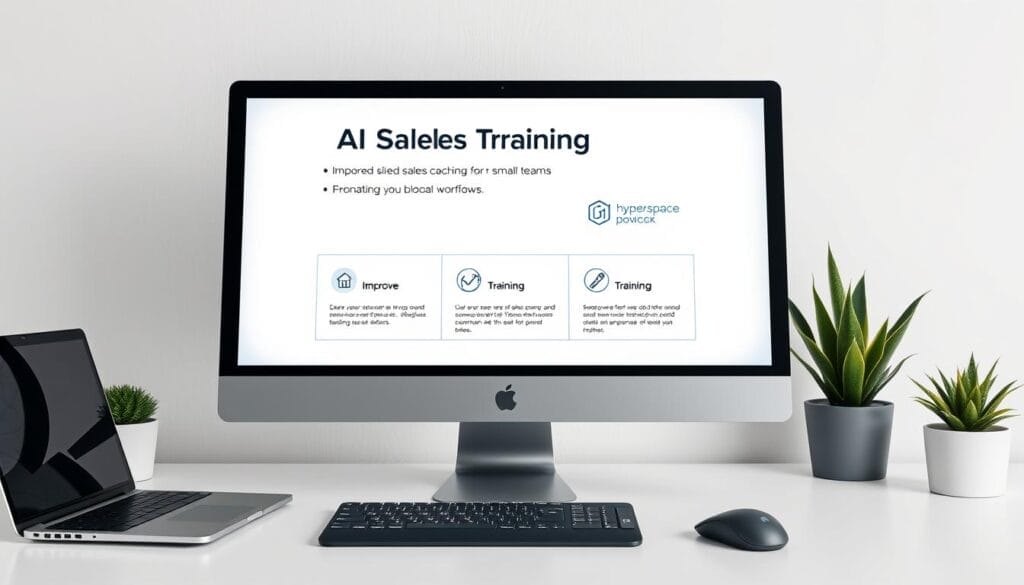 A sleek, modern desktop computer screen displaying a presentation on "AI Sales Training" by Hyperspace. The screen is surrounded by a minimalist, well-lit workspace with a stylish laptop, a tactile mouse, and a few potted plants adding a touch of greenery. The presentation features clean, infographic-style visuals highlighting the benefits of AI-powered sales coaching for small teams, including improved lead conversion, personalized training, and seamless integration with existing workflows. The overall atmosphere conveys a sense of professionalism, efficiency, and the power of technology to enhance sales performance.