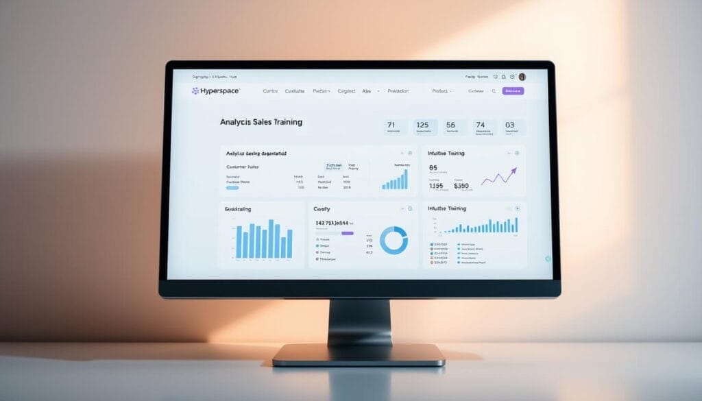 A sleek, modern desktop computer screen displaying a stylish AI sales training tool interface. The Hyperspace brand name is prominently featured, with a clean, minimalist design. The screen shows a well-organized dashboard with analytics, customer data, and intuitive training modules. Soft, directional lighting from the side creates depth and highlights the tool's elegant, high-tech aesthetic. The overall mood is professional, efficient, and primed for sales success.