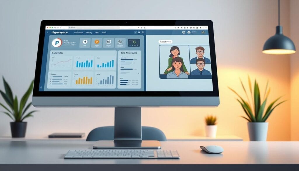 A sleek, modern desktop computer screen displaying a stylized AI sales training interface. The foreground showcases a Hyperspace-branded dashboard with customizable widgets, analytics, and sales performance metrics. The middle ground features a team of sales representatives participating in an interactive virtual training session, their faces visible on video conferencing windows. The background subtly depicts a minimalist office environment with clean lines, warm lighting, and potted plants, creating a professional yet approachable atmosphere. The overall scene conveys a seamless integration of AI-powered sales training within a small business setting.