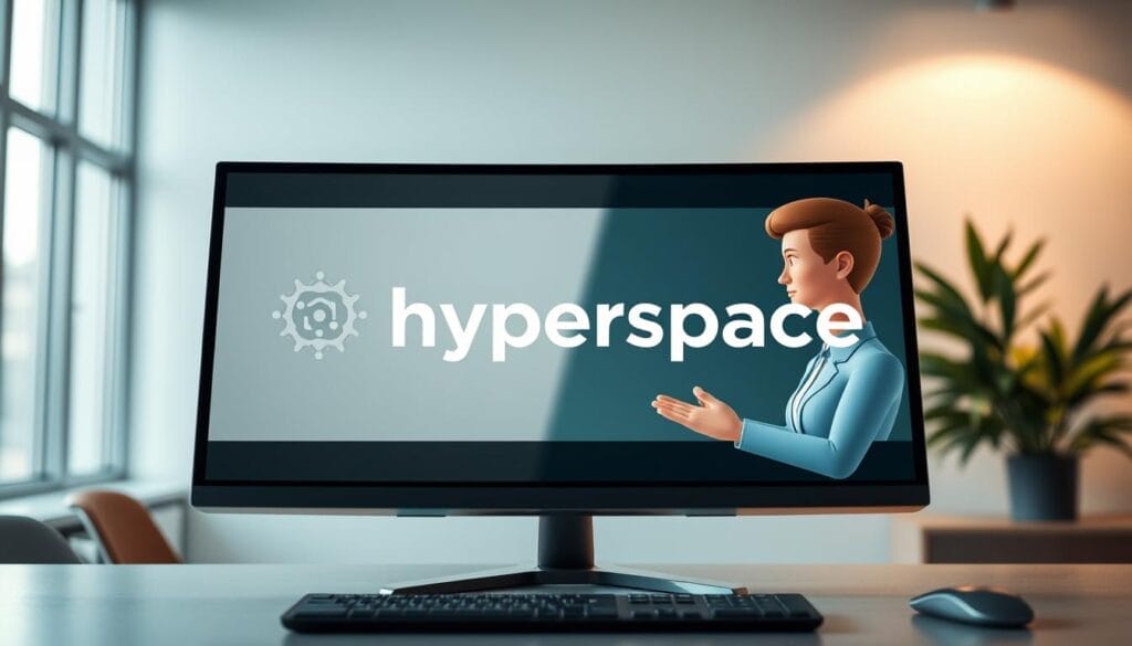 A sleek, modern desktop computer screen showcases a dynamic AI-powered sales training simulation. In the foreground, two stylized 3D avatars engage in a realistic role-playing scenario, their expressions and gestures conveying a sense of engagement and collaboration. The Hyperspace logo prominently displayed suggests a sophisticated, cutting-edge sales training platform. Soft, directional lighting illuminates the scene, creating depth and a professional, polished atmosphere. The background features a blurred, minimalist office setting, hinting at the integration of this AI tool within a broader sales enablement ecosystem. The overall impression is one of a powerful, immersive sales training experience leveraging the latest advancements in artificial intelligence.
