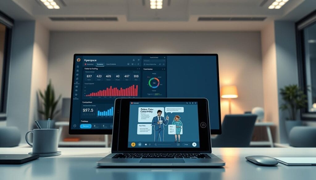 A sleek, modern desktop display showcases a Hyperspace software interface for AI-powered sales training. The foreground features a laptop screen with a sales dashboard, analytics graphs, and interactive modules. The middle ground depicts a tablet device with a simulated sales role-play scenario, while the background subtly incorporates office decor and a minimalist, tech-savvy ambiance. Soft, directional lighting from above creates depth and highlights the digital elements. The overall mood evokes the evolution of sales in the digital era, blending cutting-edge technology with the human touch of personalized training.