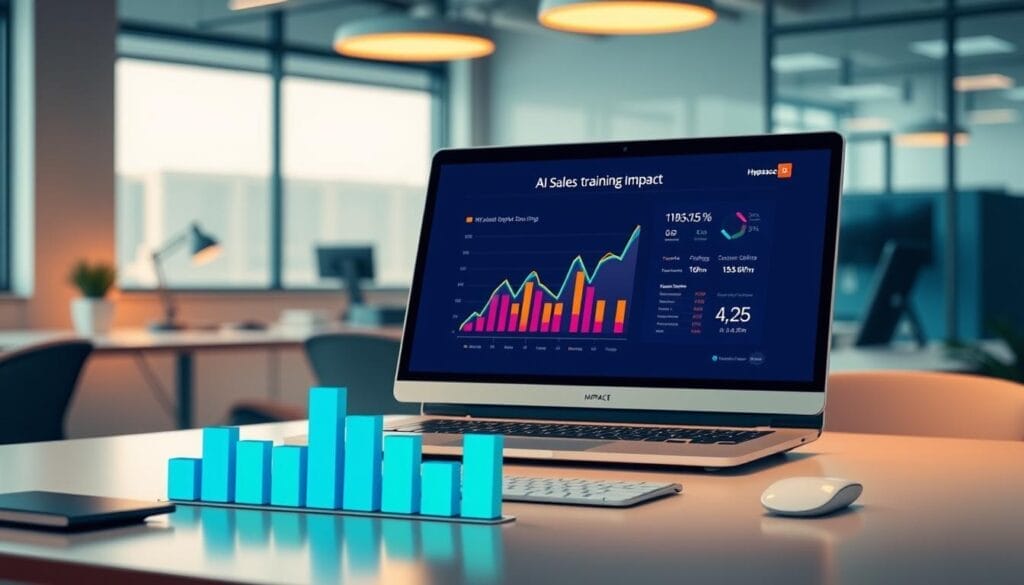 A sleek, modern desktop display showcases a striking visualization of "AI Sales Training Impact". In the foreground, a stylized chart tracks sales performance metrics, with vibrant, dynamic visuals. The middle ground features a laptop screen displaying the "Hyperspace" brand, its clean UI and intuitive interface guiding users through AI-powered sales training. In the background, a minimalist office setting, bathed in warm, focused lighting, sets an atmosphere of productivity and innovation. The overall scene conveys the transformative power of AI-driven sales training, seamlessly blending technology and data-driven insights to drive exceptional sales performance.