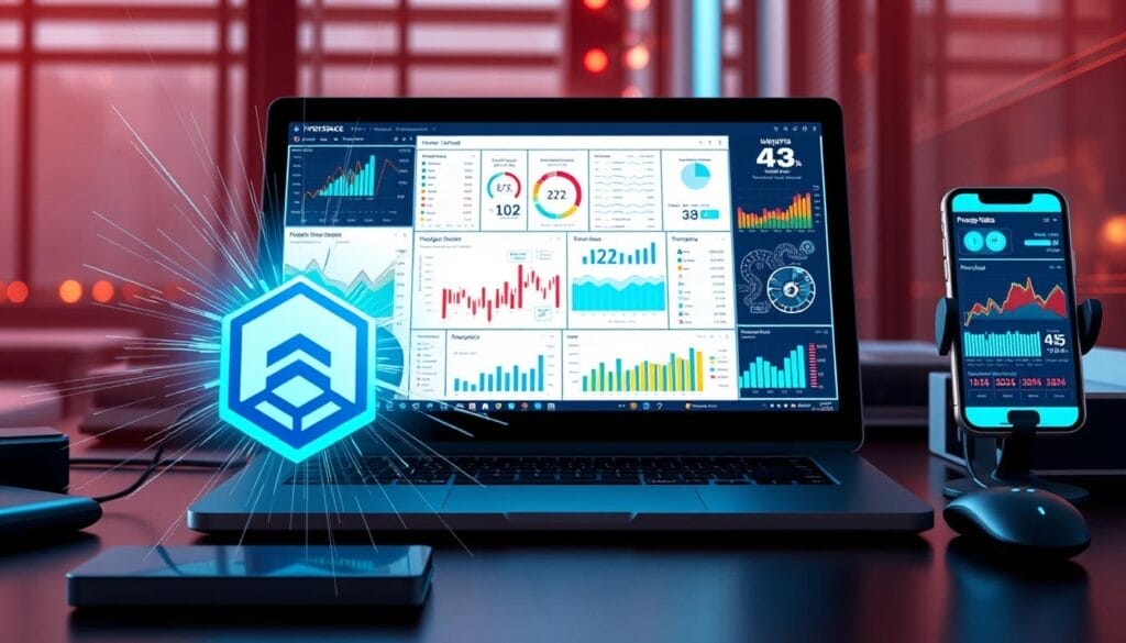 A sleek, modern desktop display showcases a striking visualization of AI-powered sales analytics. In the foreground, a stylized Hyperspace logo shines, flanked by dynamic charts and graphs tracking sales trends. The middle ground features a laptop screen, its display filled with insights and forecasting tools, all enhanced by sophisticated AI algorithms. In the background, a smartphone screen displays real-time sales data, seamlessly integrated across devices. The scene is bathed in a warm, futuristic glow, conveying the power of AI to streamline and optimize the sales process.