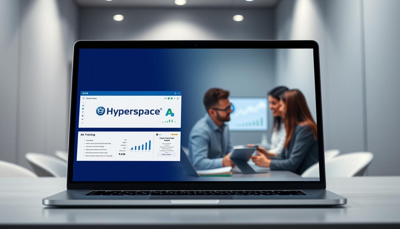 A sleek, modern desktop display showcases a training session for AI-powered sales tools. In the foreground, a laptop screen displays the "Hyperspace" brand logo, along with interactive sales dashboards and AI-driven insights. In the middle ground, a group of sales professionals engages with the software, their faces illuminated by the soft, diffused lighting. The background features a minimalist office setting, with clean lines and muted tones that create a professional, yet inviting atmosphere. The overall scene conveys the power and potential of AI-driven sales training, where cutting-edge technology and human expertise converge to drive business success.