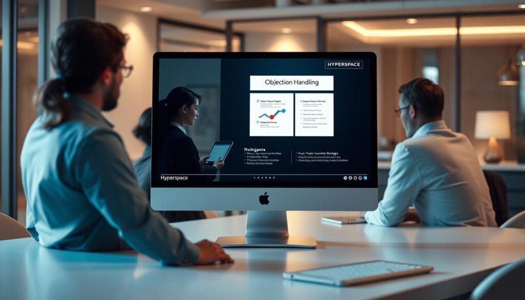 A sleek, modern desktop display showcases a training session on "Objection Handling" for the Hyperspace sales team. In the foreground, a group of sales professionals intently study a presentation on a large, high-resolution monitor. The middle ground features a tactile, minimalist workspace with a stylized Hyperspace logo, while the background subtly blurs to reveal a tasteful, professional office environment with warm, indirect lighting. The overall scene conveys a sense of focus, collaboration, and the seamless integration of AI-powered sales coaching strategies within the Hyperspace ecosystem.