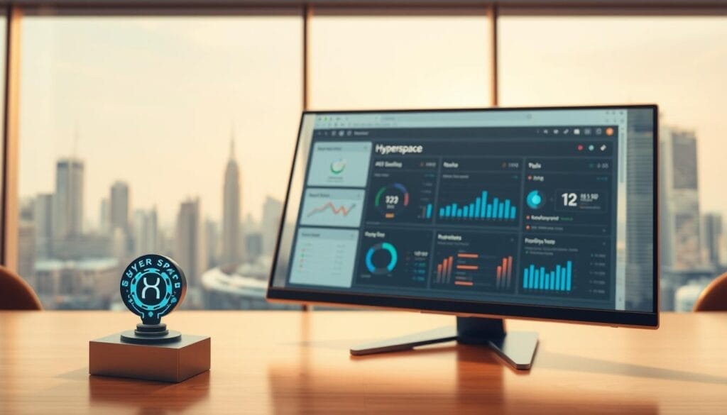 A sleek, modern desktop display showcases an AI-powered sales coaching interface. In the foreground, a sophisticated Hyperspace logo stands out, conveying the cutting-edge technology powering this innovative solution. The middle ground features a dynamic sales dashboard, with real-time data visualizations, personalized coaching insights, and intuitive navigation controls. The background depicts a stylized cityscape, hinting at the global reach and enterprise-level capabilities of this AI sales coaching platform. Warm lighting and a clean, minimalist design create a professional, yet approachable atmosphere, inviting users to unlock the transformative power of AI-driven sales guidance.
