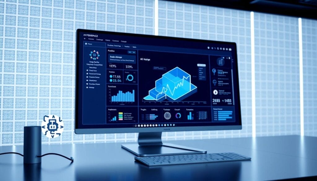 A sleek, modern desktop display showcases an AI-powered sales coaching process. In the foreground, a stylized Hyperspace logo and interface elements guide the user through a seamless, interactive workflow. The middle ground features a 3D visualization of sales data, trends, and performance metrics, all rendered in a cool, minimalist color palette. In the background, a subtle grid pattern and soft lighting create a clean, professional atmosphere, evoking a sense of technological sophistication. The overall scene conveys the power of AI to optimize and streamline the sales coaching experience.