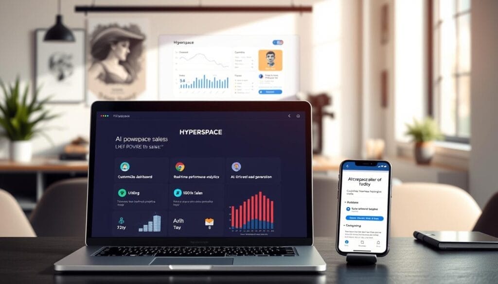 A sleek, modern desktop display showcases an AI-powered sales platform named "Hyperspace". The foreground features a laptop screen with a clean, intuitive interface highlighting key features like customizable dashboards, real-time performance analytics, and AI-driven lead generation. The middle ground depicts a mobile device displaying the Hyperspace app, emphasizing its cross-device compatibility. The background subtly suggests a professional office setting, with minimalist decor and natural lighting casting a warm, productive atmosphere. The overall impression conveys a sophisticated, efficient online sales training solution tailored for remote and hybrid teams.