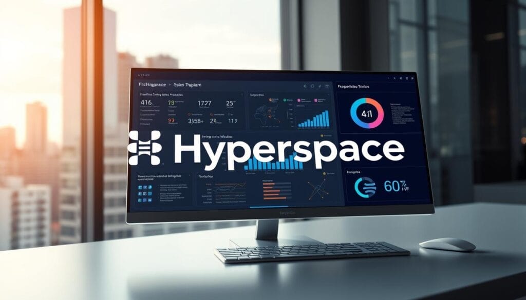 A sleek, modern desktop display showcases an AI-powered sales training platform. In the foreground, a stylized "Hyperspace" logo commands attention. The interface features intuitive, touch-responsive menus, analytics dashboards, and immersive training modules. Soft lighting illuminates the scene, creating a professional, tech-forward atmosphere. In the background, a blurred cityscape hints at the global reach of this cutting-edge sales solution. The overall impression is one of seamless integration, empowering sales teams to harness the power of AI and transform their performance.