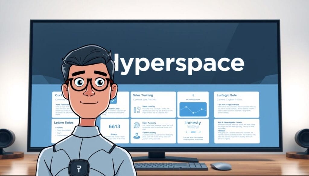 A sleek, modern desktop display showcases an AI-powered sales training platform. In the foreground, a stylized avatar offers personalized guidance, its features crisp and realistic. The middle ground features a clean, minimalist interface with interactive modules and customizable lesson plans. In the background, the Hyperspace brand logo stands out, conveying a sense of cutting-edge technology. Soft, directional lighting from the sides creates depth and highlights the detailed 3D elements. The overall mood is one of efficiency, personalization, and the seamless integration of AI into the sales training experience.