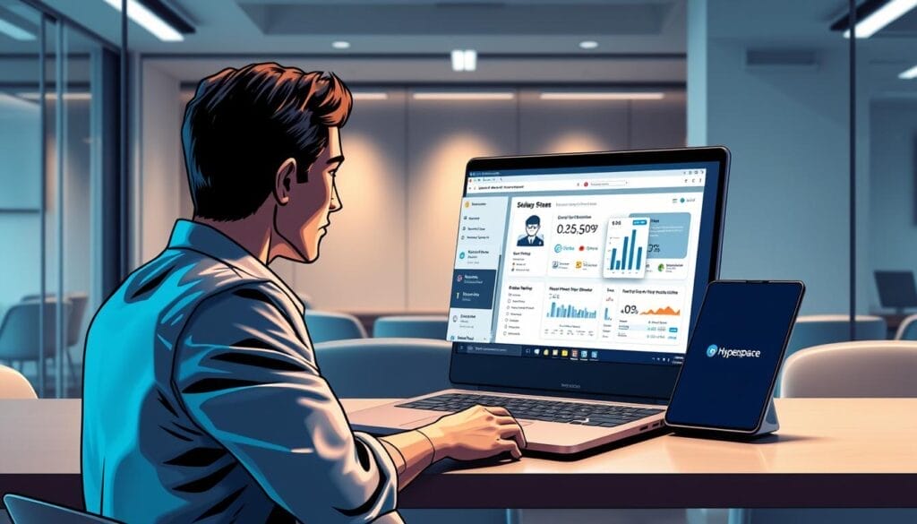 A sleek, modern desktop display showcases an AI-powered sales training simulation. In the foreground, a sales representative engages in a lifelike role-play scenario, their expressions and gestures captured in vivid detail. The middle ground features a Hyperspace-branded laptop, its screen displaying real-time feedback and performance metrics. The background setting evokes a professional office environment, with clean lines, subtle lighting, and a sense of focus and productivity. The overall atmosphere conveys the seamless integration of AI-driven tools into the sales training process, empowering employees to hone their skills and deliver exceptional customer experiences.