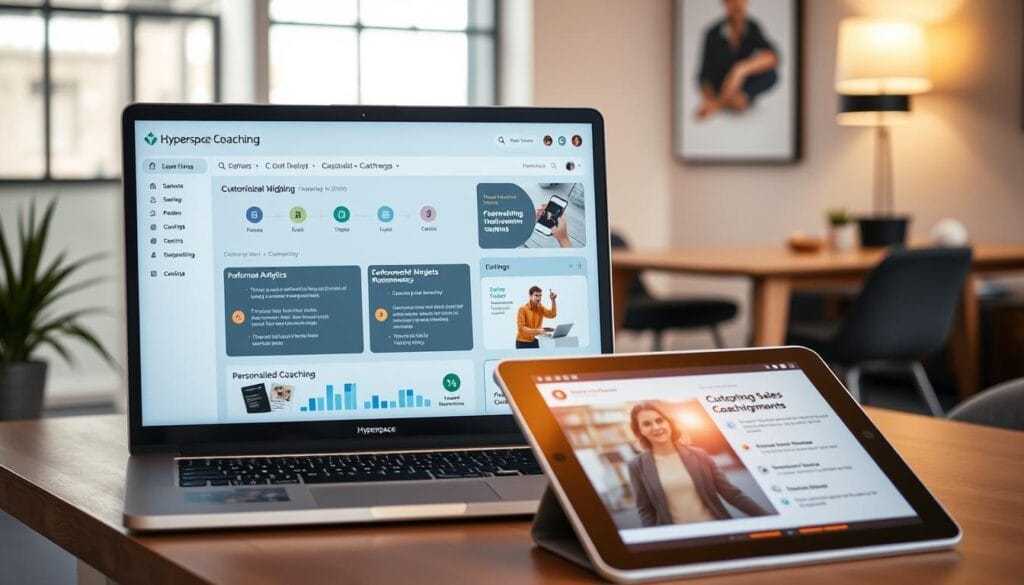 A sleek, modern desktop display showcases personalized coaching strategies. In the foreground, a laptop screen displays a Hyperspace branded dashboard, featuring customizable goal-tracking widgets, performance analytics, and personalized coaching recommendations. The middle ground features a tablet device with an open coaching session, complete with annotated video footage and interactive exercises. The background depicts a stylish office setting, with minimalist decor and warm lighting, conveying a professional yet approachable atmosphere for effective sales coaching.