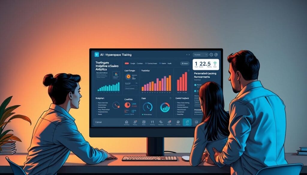 A sleek, modern desktop display showcases the "Hyperspace" AI-powered sales training platform. In the foreground, a sales team collaborates, their expressions animated as they engage with the intuitive interface. The middle ground features a large, high-resolution screen displaying insightful sales analytics and personalized coaching recommendations. The background subtle, with a sense of professionalism and productivity, complementing the tool's transformative capabilities. Lighting is warm and natural, capturing the tool's user-friendly and empowering essence. The overall scene conveys the power of AI-driven sales training to elevate team performance and drive business growth.