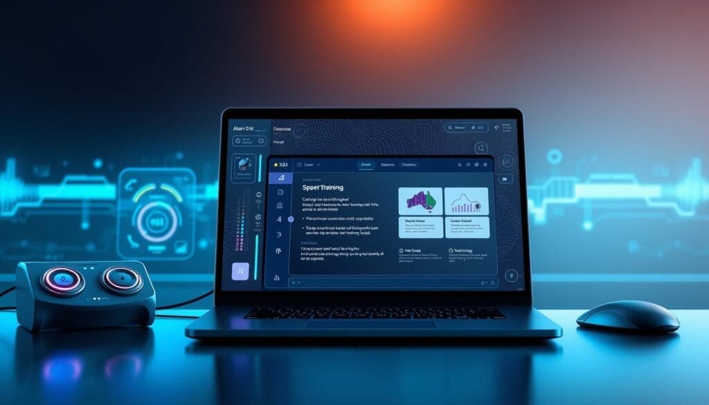 A sleek, modern desktop display showcases the "Hyperspace" AI sales assistant training platform. The foreground features a stylized, glowing interface with intuitive controls and vibrant data visualizations. In the middle ground, a laptop screen displays a comprehensive training module, its elegant design complementing the overall aesthetic. The background evokes a futuristic, tech-driven atmosphere with subtle holographic elements and a minimalist color palette of blues and grays. Subtle lighting casts a warm, focused glow, drawing the viewer's attention to the core training experience. The overall impression is one of a powerful, yet user-friendly AI sales assistant solution that seamlessly blends form and function.