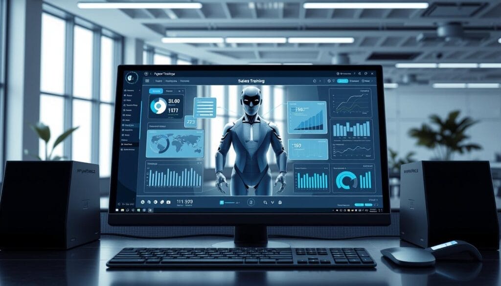 A sleek, modern desktop display showcases the Hyperspace AI sales training platform. In the foreground, a sophisticated user interface with intuitive controls and data visualizations. The middle ground features a 3D model of a virtual sales agent, demonstrating AI-powered sales techniques. In the background, a clean, minimalist office setting with large windows, conveying a sense of professionalism and innovation. Soft, directional lighting highlights the technology, creating a polished, high-tech atmosphere. The scene evokes a cutting-edge, state-of-the-art AI sales training experience.