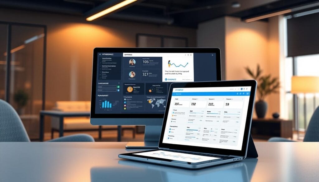 A sleek, modern desktop display showcases the "Hyperspace" sales training software AI. The foreground features a laptop screen displaying a clean, intuitive user interface with customizable dashboards, analytics, and training modules. In the middle ground, a tablet device rests, presenting a mobile companion app for on-the-go access. The background depicts a sophisticated office setting, with minimalist furniture and warm, indirect lighting, creating a professional and productive atmosphere. The overall scene conveys the power and flexibility of the "Hyperspace" sales training AI, seamlessly integrating desktop, laptop, and mobile experiences to revolutionize sales coaching.