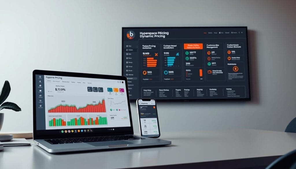 A sleek, modern desktop display showcasing a Hyperspace dynamic pricing dashboard. In the foreground, a laptop screen displays real-time pricing adjustments, with colorful graphs and charts reflecting fluctuating market conditions. The middle ground features a mobile device, its screen presenting a range of customizable pricing strategies. In the background, a large wall-mounted monitor depicts a holistic overview of Hyperspace's total revenue management system, with AI-driven insights and recommendations. Soft, indirect lighting creates a professional, technology-driven atmosphere, while muted color tones and clean, minimalist design elements convey a sense of sophisticated, data-driven decision making.