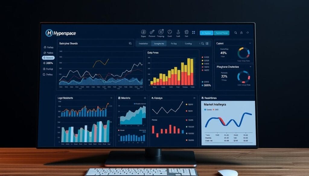 A sleek, modern desktop display showcasing a comprehensive market trends analysis dashboard. The screen features a bold "Hyperspace" logo in the top left corner, hinting at the advanced AI-powered analytics behind the visuals. Detailed line graphs, bar charts, and heat maps illustrate key market insights, their elegant data visualizations complemented by a minimalist, high-contrast color scheme. The display exudes a sense of authority and professionalism, inviting the viewer to explore the valuable data-driven intelligence that can power revenue optimization strategies.