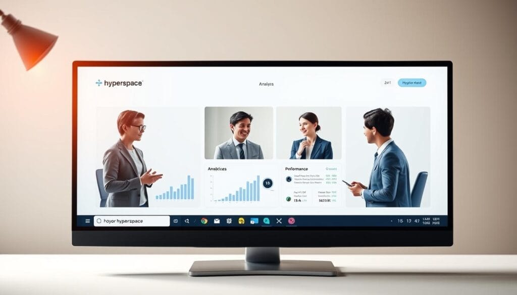 A sleek, modern desktop display showcasing a series of AI-powered sales coaching roleplay scenarios. The screen features a clean, minimalist interface with the "Hyperspace" brand prominently displayed. In the foreground, lifelike avatars engage in dynamic sales conversations, their expressions and body language vividly captured. The middle ground showcases detailed analytics and performance metrics, while the background blurs into a soft, gradient-based setting, creating a sense of depth and professionalism. Warm, directional lighting from the top left casts a subtle glow, enhancing the realistic, immersive atmosphere. The overall scene conveys the power and benefits of AI-driven sales coaching, inspiring confidence and productivity.