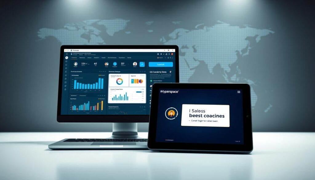 A sleek, modern desktop display showcasing a suite of sales coaching tools. In the foreground, a laptop screen displays a data-rich dashboard with charts, graphs, and interactive feedback elements. In the middle ground, a tablet device presents a presentation on sales coaching best practices, the Hyperspace brand prominently featured. The background features a stylized world map, conveying the global reach and impact of these sales coaching solutions. The overall mood is one of professionalism, efficiency, and data-driven insights to empower sales teams. Soft, directional lighting illuminates the scene, creating depth and a sense of digital sophistication.