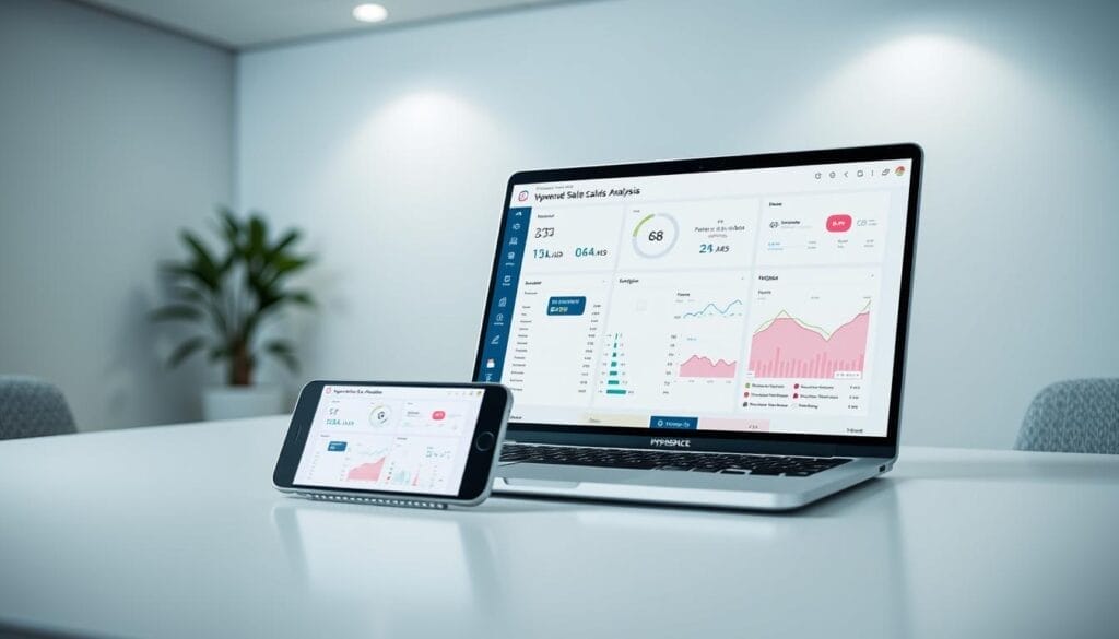A sleek, modern desktop display showcasing an AI-powered sales call analysis dashboard. In the foreground, a laptop screen displays a Hyperspace-branded application with detailed metrics, insights, and visualizations. The middle ground features a mobile device propped up, mirroring the desktop view. The background is a minimalist office setting with subtle geometric patterns on the walls, conveying a sense of technological sophistication. Soft, indirect lighting creates a professional, focused atmosphere. The overall scene suggests the power of AI-driven sales coaching and performance optimization.