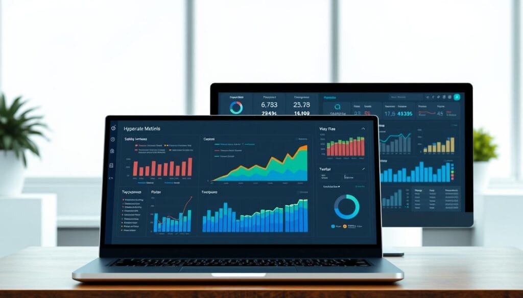 A sleek, modern desktop display showcasing an AI-powered sales data analysis dashboard. In the foreground, a sophisticated Hyperspace interface presents a detailed breakdown of key sales metrics, visualized through dynamic charts and graphs. The middle ground features a laptop screen, its display mirroring the desktop, allowing for seamless collaboration. In the background, a minimalist office setting with clean lines and natural lighting creates a professional, yet inviting atmosphere. The overall mood conveys the power of AI-driven insights to drive informed sales decisions and optimize team performance.
